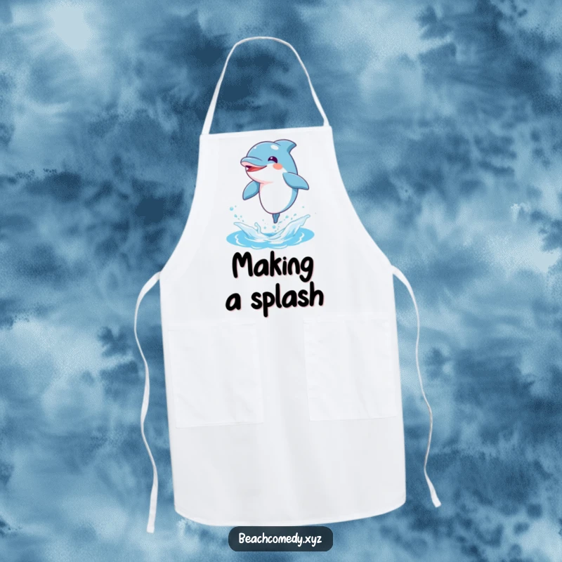Funny dolphin character wearing an apron, leaping joyfully out of water, bringing kitchen humor.