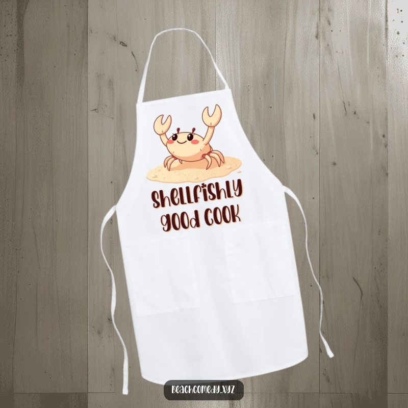 Funny crab apron featuring a happy crab scuttling sideways on sparkling sand, a humorous and practical kitchen accessory.