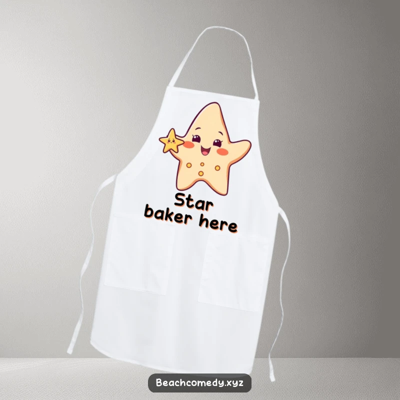 Funny starfish character wearing an apron, waving a small arm, bringing kitchen cheer and humor.
