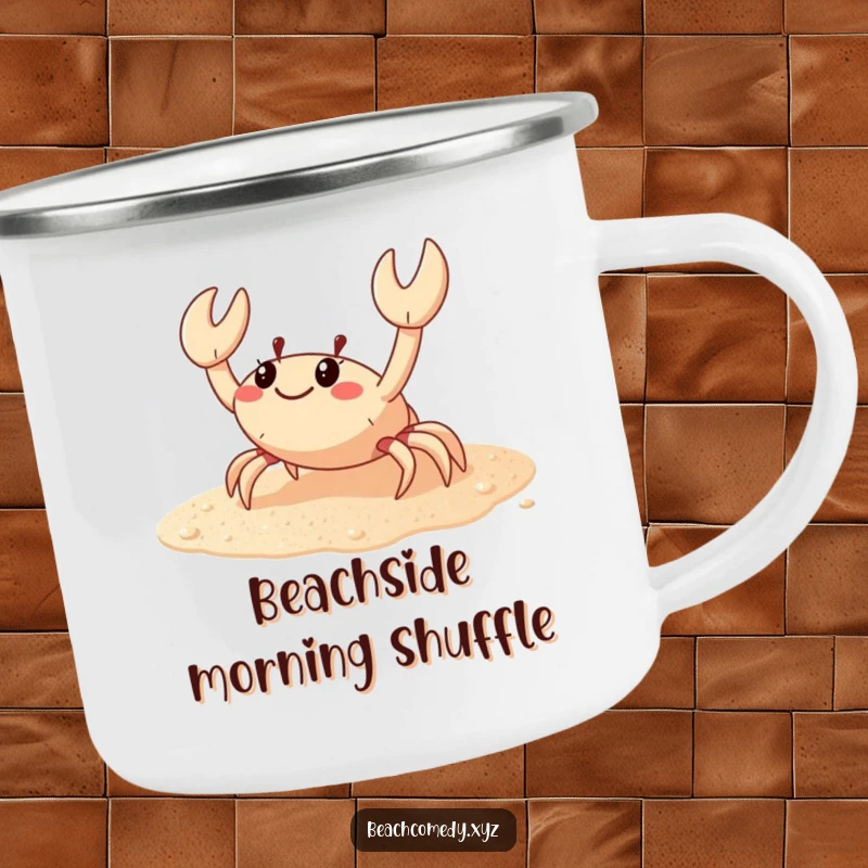 Funny crab camping mug showing a happy crab scuttling sideways on sparkling sand, perfect for enjoying drinks by the campfire.
