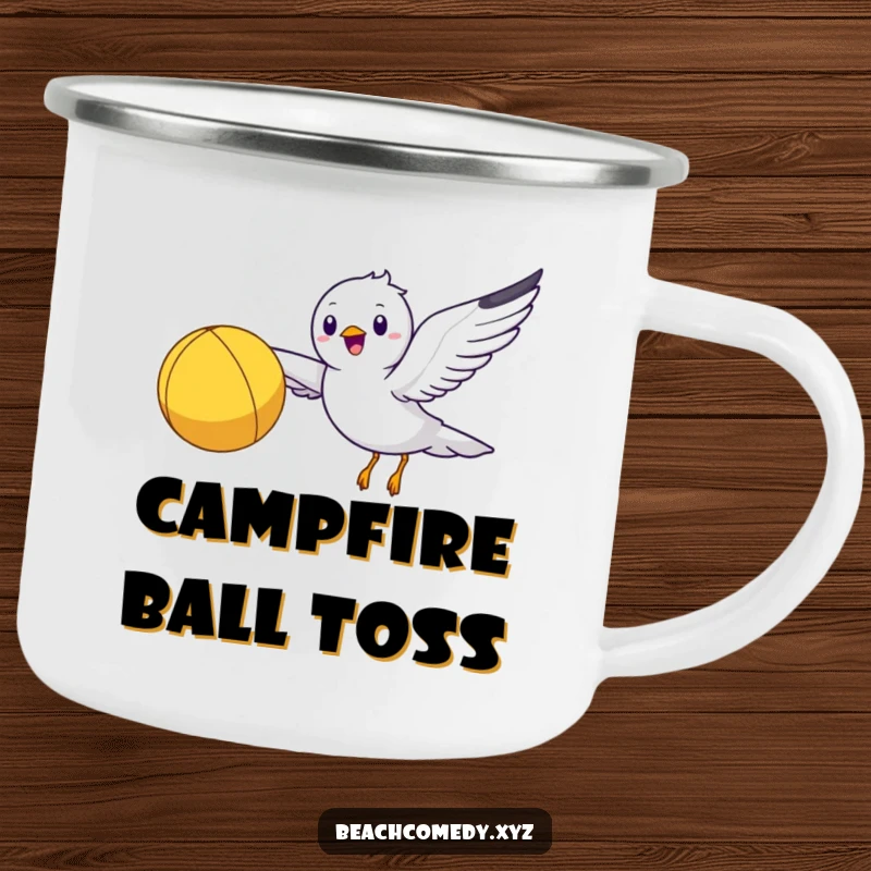 Funny seagull character on a camping mug, flying with a beach ball, bringing beach cheer outdoors.