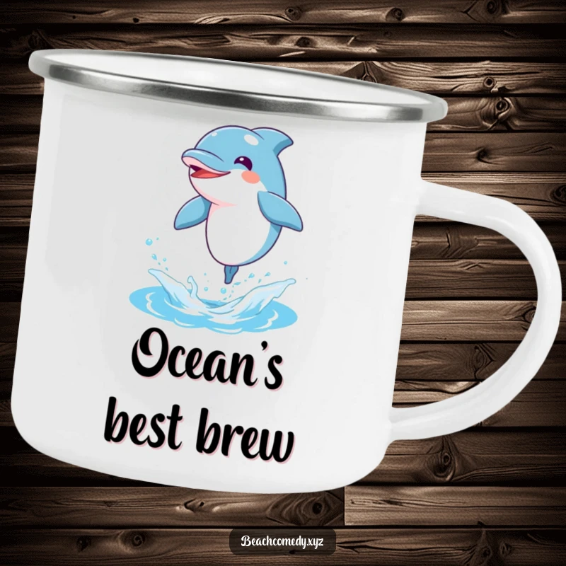 Funny dolphin character leaping out of water on a camping mug, bringing aquatic humor to the outdoors.