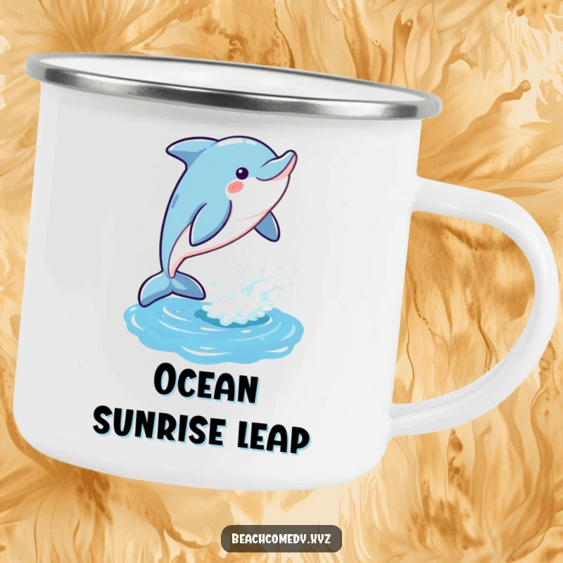Funny dolphin camping mug with a playful dolphin leaping gleefully out of a shimmering ocean, perfect for outdoor drinks.
