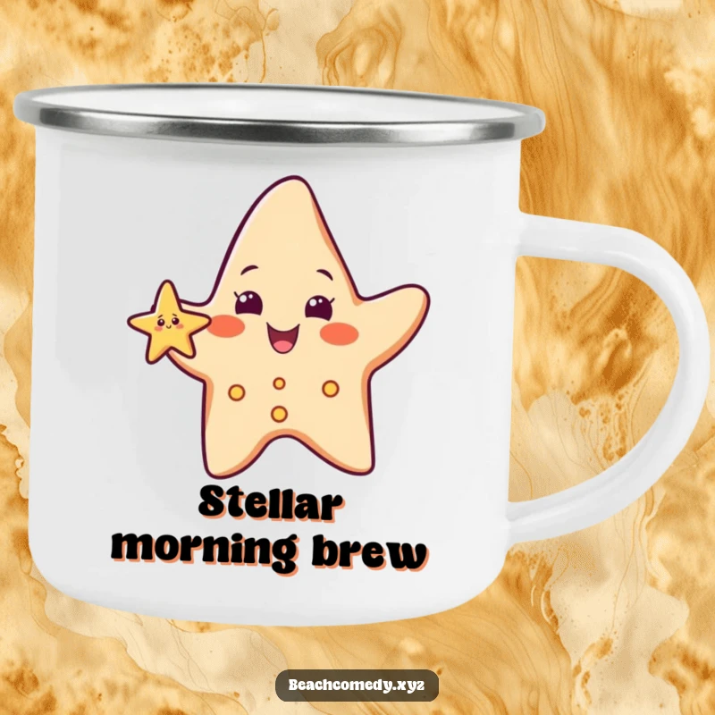 Funny starfish character on a camping mug, waving a small arm, bringing beach cheer to the outdoors.