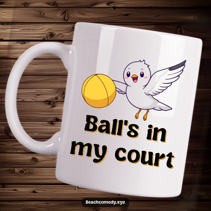 Funny seagull character happily flying through the sky with a bright yellow beach ball in its beak.