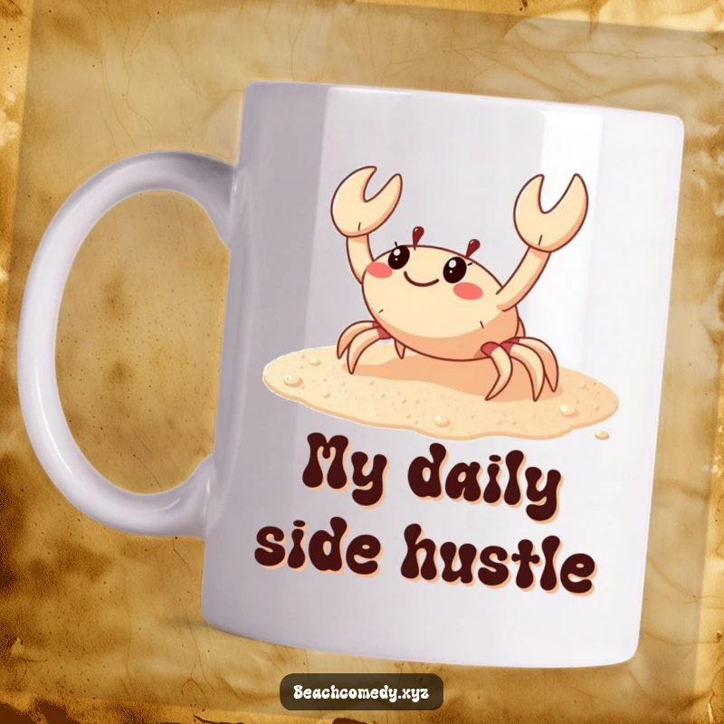 Funny crab mug with a cheerful crab scuttling sideways on sparkling beach sand, spreading joy and seaside fun.