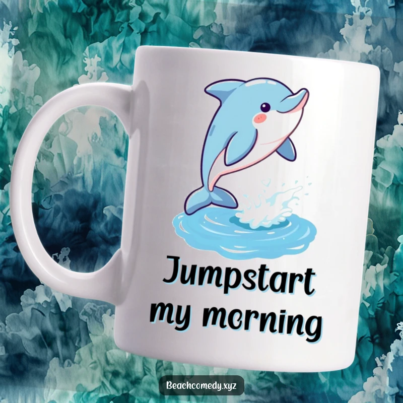Funny dolphin mug featuring a playful dolphin leaping gleefully out of a shimmering ocean wave, embodying pure joy.