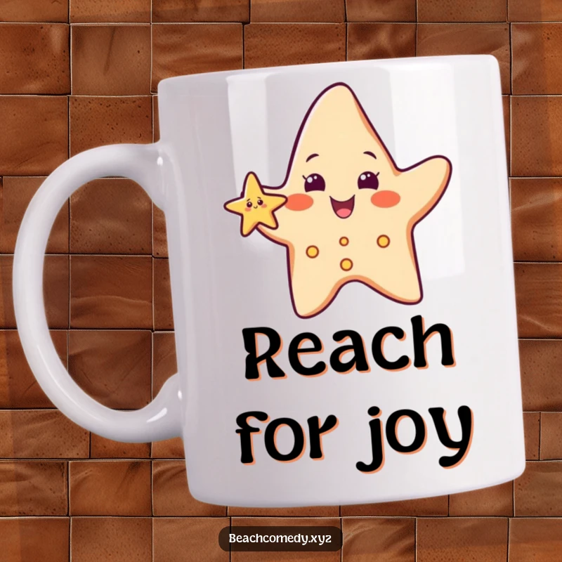 Funny starfish character with a big smile waving its small arm, set against a beach background, conveying warmth.