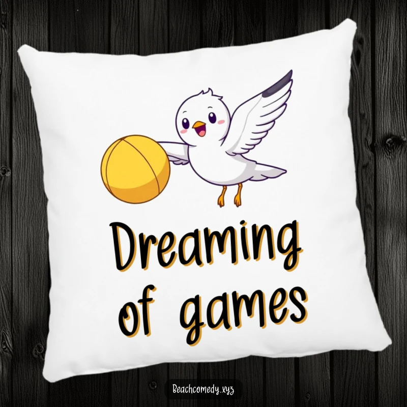 Funny seagull character on a pillow, flying with a beach ball, bringing cozy beach humor.
