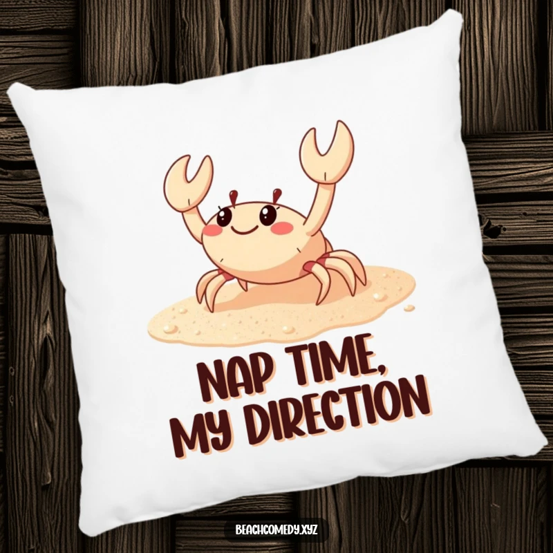Funny crab pillow with a happy crab scuttling sideways on sparkling sand, offering comfort and humorous beach-themed decor.