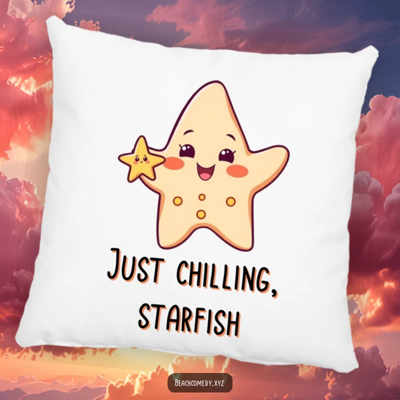 Funny starfish character on a pillow, waving a small arm, offering cozy comfort and beach humor.