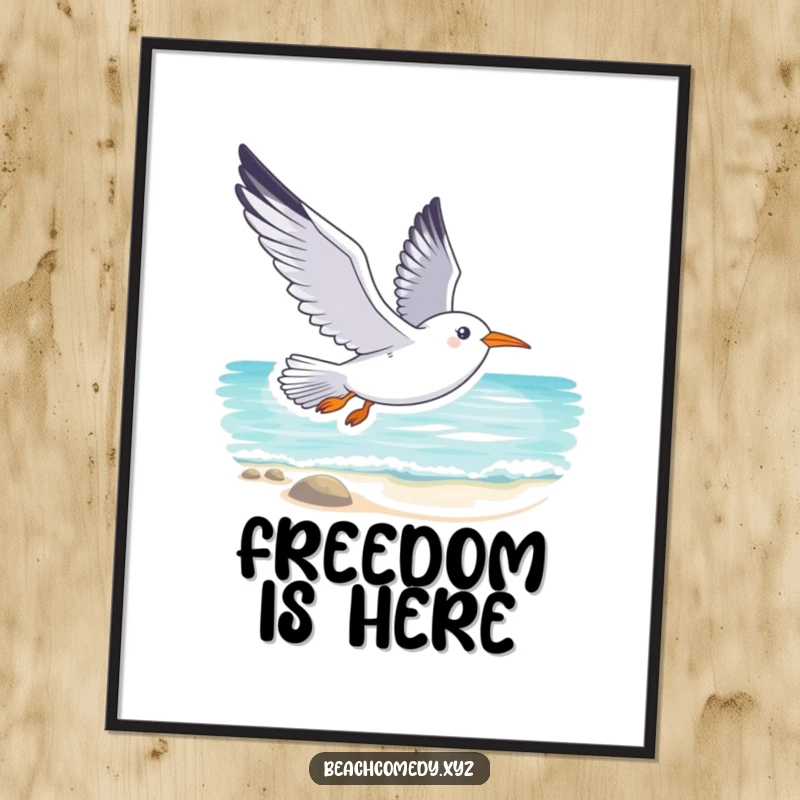 Funny seagull digital art print of a smiling seagull soaring gracefully above a tranquil beach, perfect for humorous coastal decor.