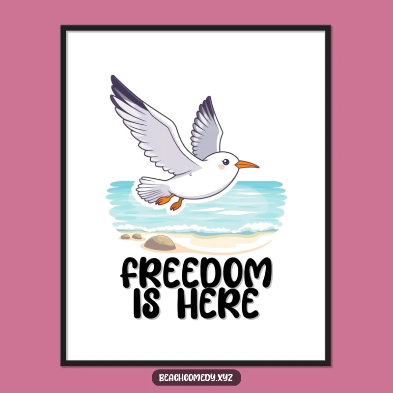 Funny Seagull Digital Art: Soaring Beach Scene Printable Funny Gift