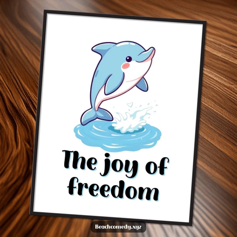 Funny dolphin digital art print of a playful dolphin leaping gleefully out of a shimmering ocean, perfect for humorous aquatic decor.