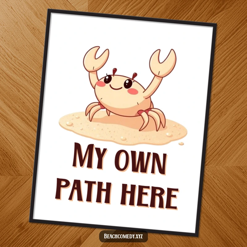 Funny crab digital art print of a happy crab scuttling sideways on sparkling sand, perfect for humorous beach-themed wall decor.