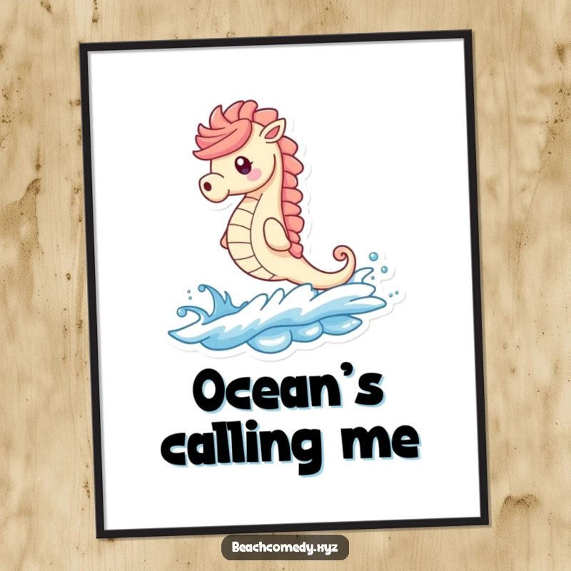 Funny seahorse character artfully surfing an ocean wave towards a sandy shore, high-resolution digital download.