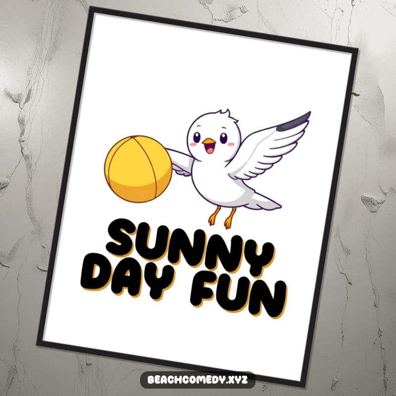 Funny seagull character happily flying with a bright yellow beach ball, high-resolution digital art.