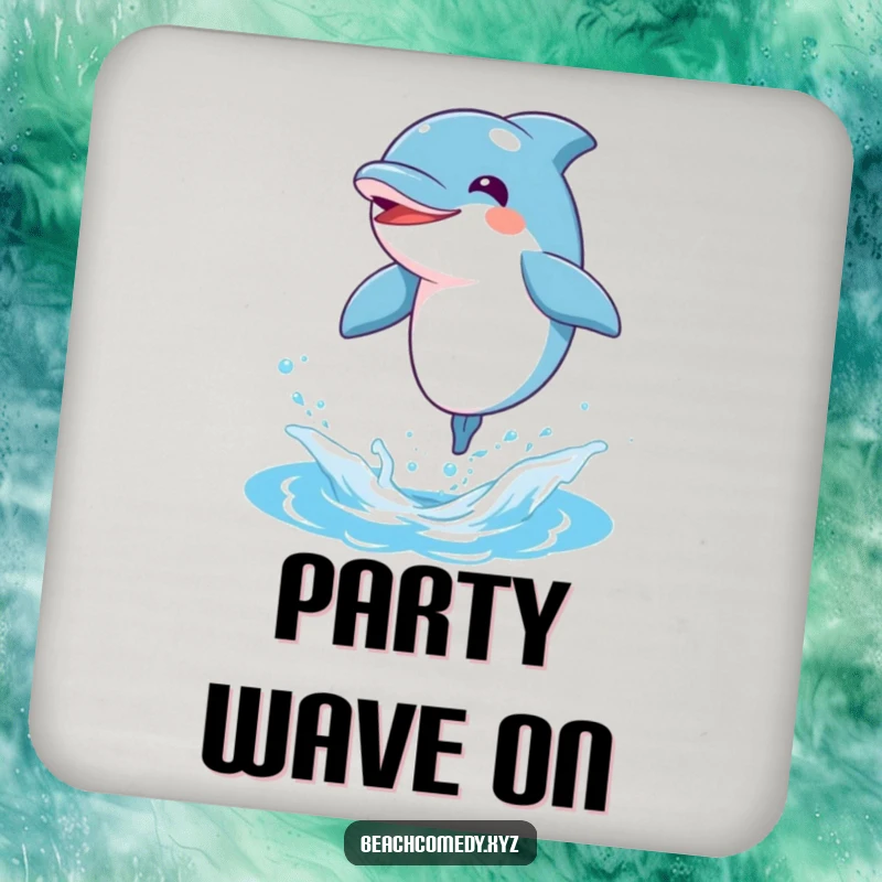 Funny dolphin character leaping out of water on a drink coaster, adding aquatic humor.