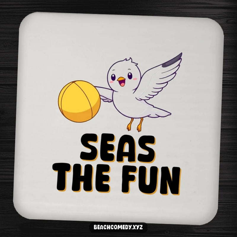 Funny seagull character on a drink coaster, flying with a beach ball, adding beach humor.