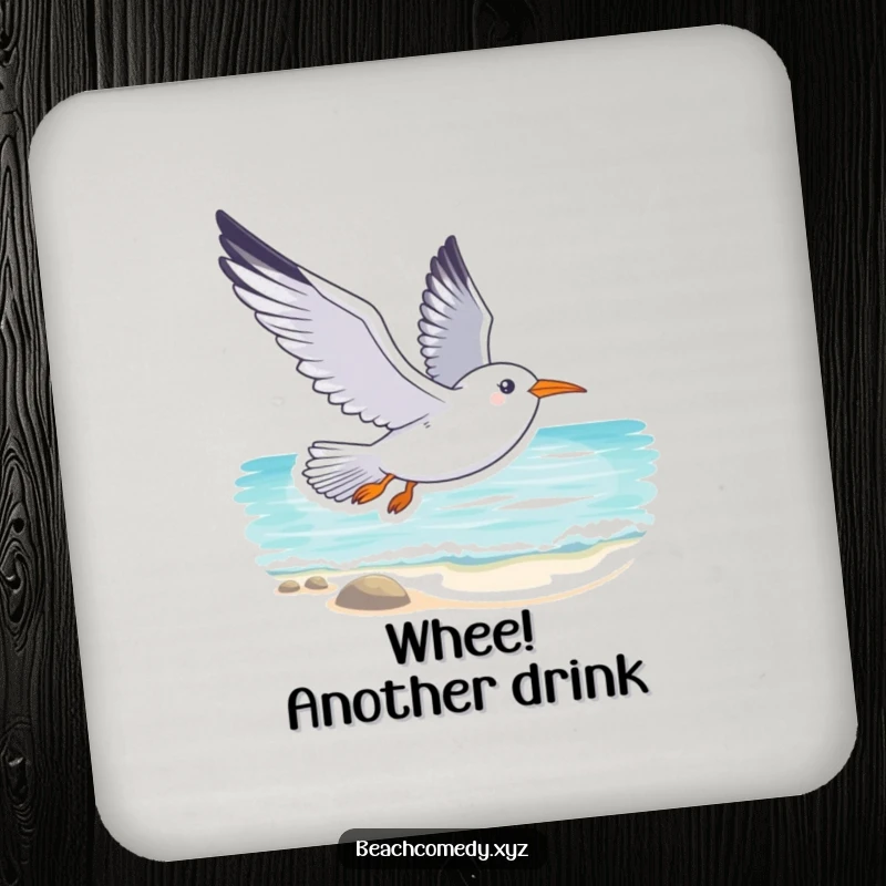 Funny seagull drink coaster featuring a smiling seagull soaring gracefully above a tranquil beach, a humorous and practical table accessory.