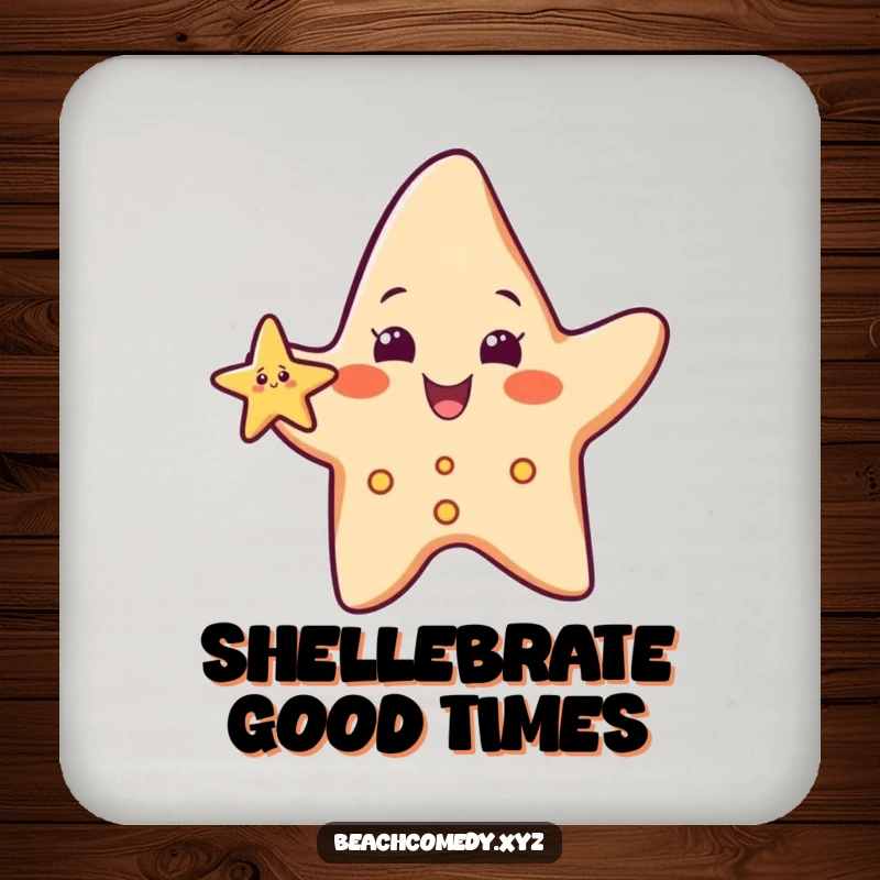 Funny starfish character on a drink coaster, waving a small arm, adding beach humor to surfaces.