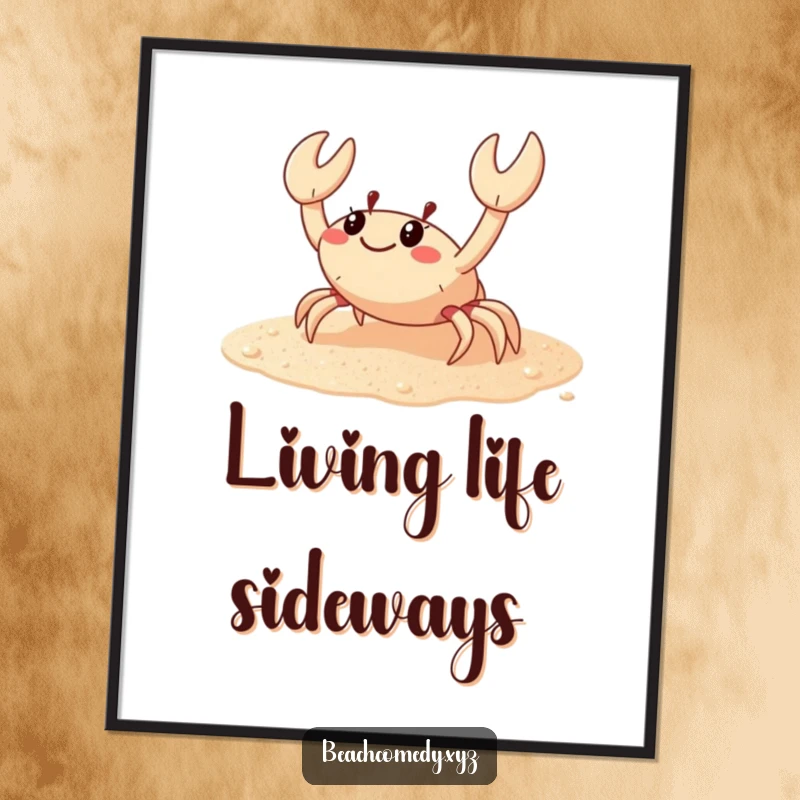 Funny crab poster depicting a happy crab scuttling sideways on sparkling sand, creating a humorous and vibrant beach scene.