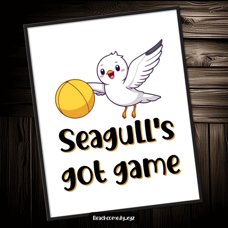 Funny seagull character flying joyfully with a bright yellow beach ball, presented as humorous wall art.