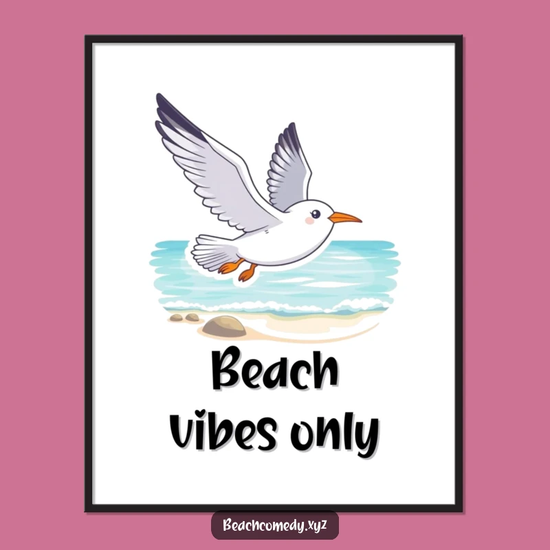 Funny Seagull Poster: Tranquil Beach Soaring Art Print Funny Gift