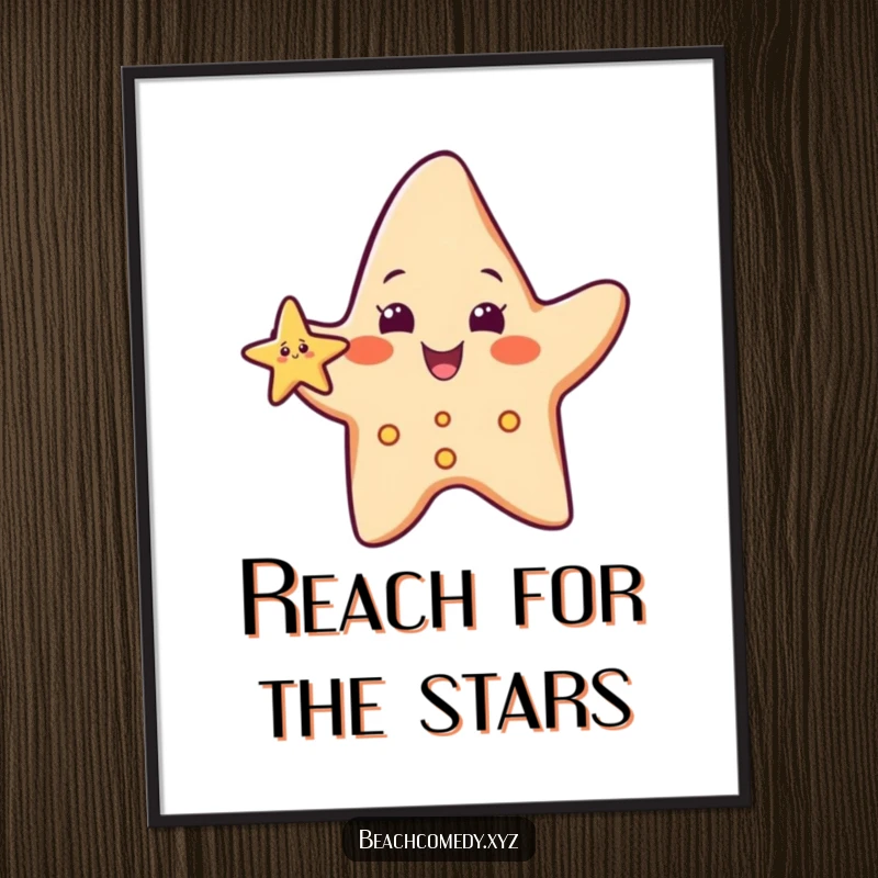 Funny, smiling starfish character waving its small arm, depicted as cheerful wall art for a beachy vibe.
