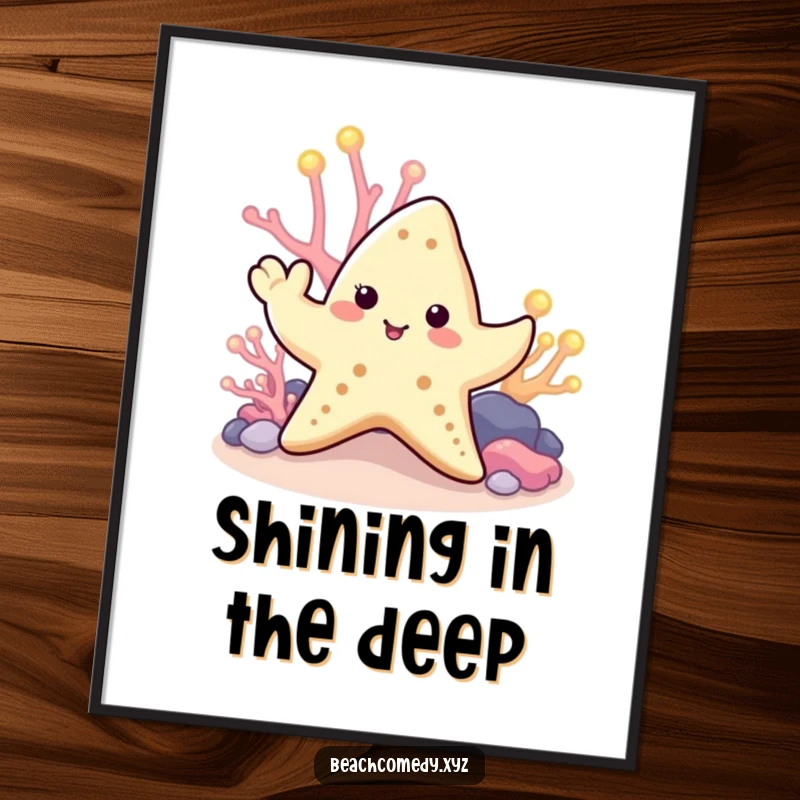 Funny starfish poster featuring a cute starfish waving a tentacle near glowing coral, creating a vibrant and humorous underwater scene.