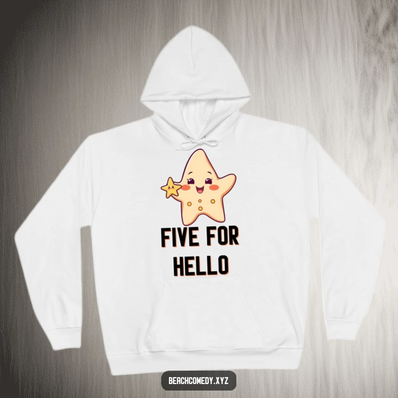 Funny starfish character on a hoodie, waving a small arm, bringing cozy beach cheer and humor.