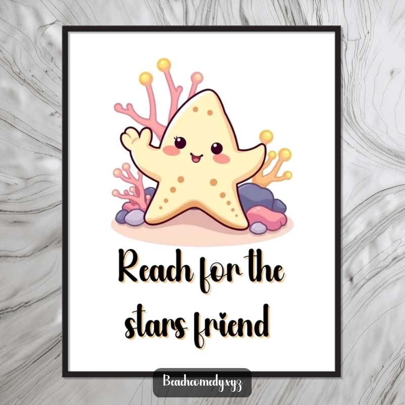 Cute Free Printable Wall Art: A smiling starfish waves enthusiastically near colorful glowing coral, adding undersea beauty.