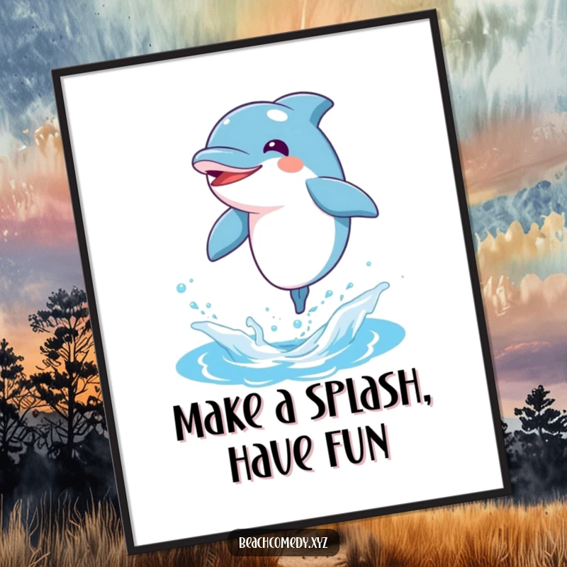 Funny free printable wall art, a bouncy dolphin character leaping joyfully out of blue water, capturing ocean excitement.