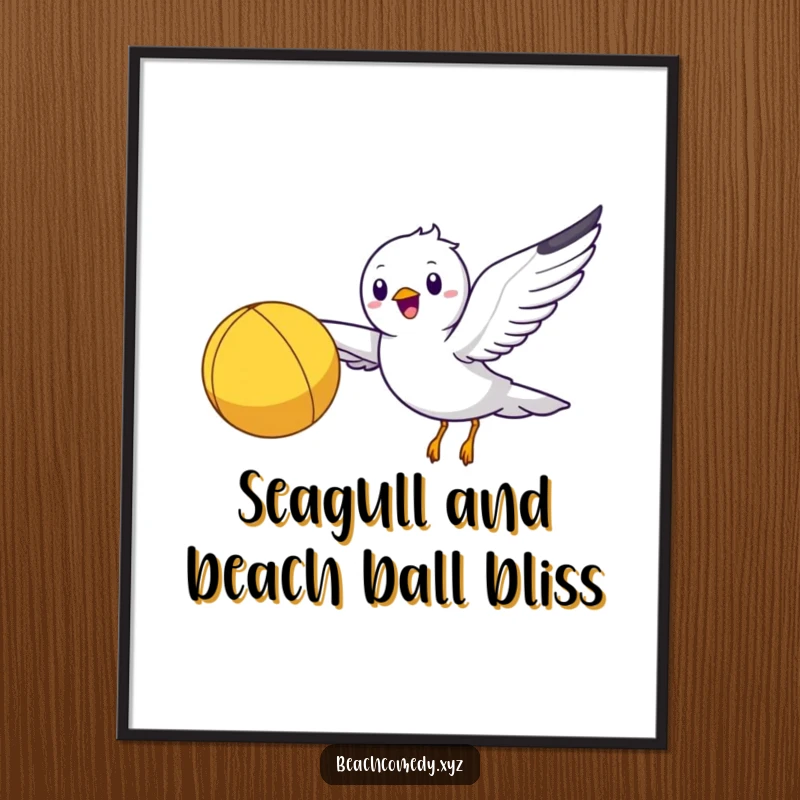 Funny free printable wall art, a happy seagull character flying with a bright yellow beach ball, embodying seaside fun.