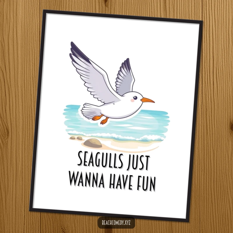 Smiling Free Printable Wall Art: A seagull glides peacefully above a tranquil beach, capturing the essence of coastal calm.