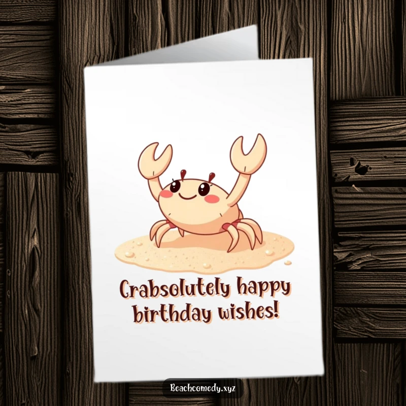 Funny Free Printable Birthday Card: A crab with a goofy grin scuttles sideways on sparkling sand, ready to deliver laughs.