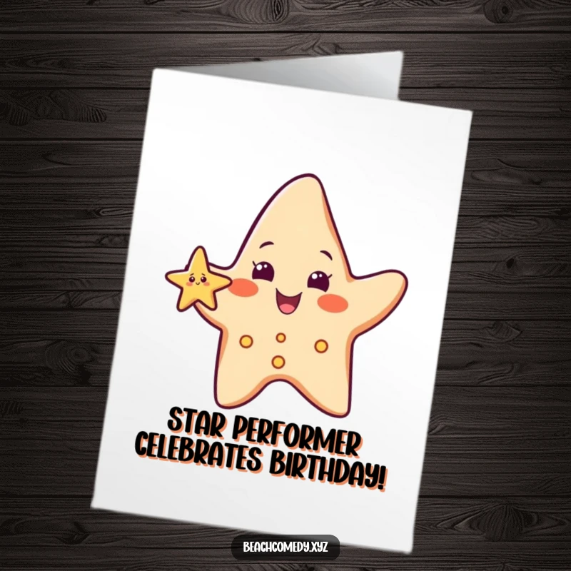 Funny free printable birthday card, a cheerful starfish character with a tiny arm waving enthusiastically in greeting.