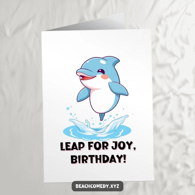 Funny free printable birthday card, a bouncy dolphin character leaping with pure joy out of sparkling blue water.