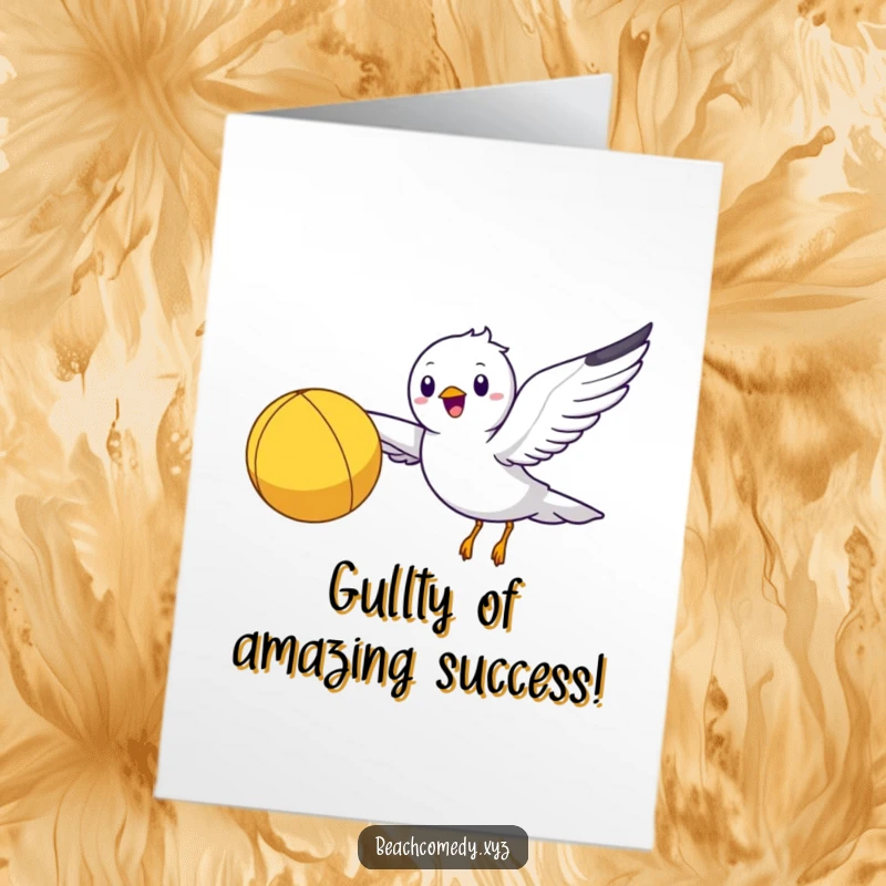 Funny free printable congratulations card, a happy seagull character flying with a beach ball, celebrating success joyfully.