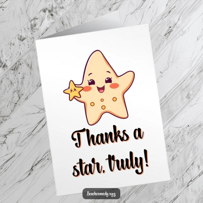 Funny free printable thank you card, a cheerful starfish character waving a tiny arm, expressing heartfelt gratitude.