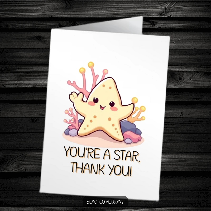 Cute Free Printable Thank You Card: A starfish waves a tentacle near glowing coral, offering a cute thank you message.