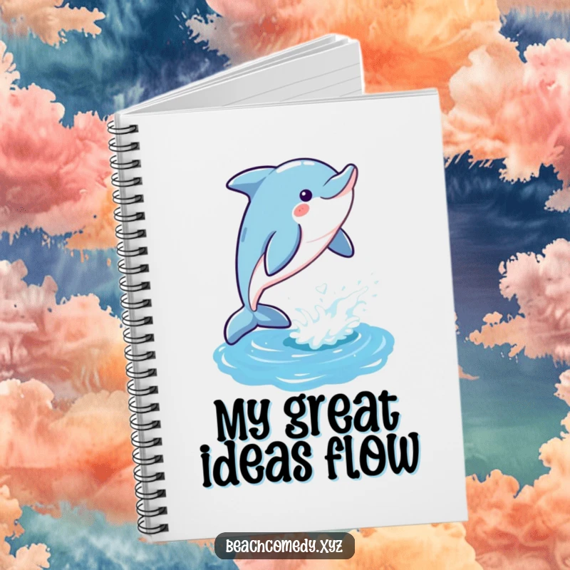 Funny dolphin notebook with a playful dolphin leaping gleefully out of a shimmering ocean, ideal for jotting notes with aquatic fun.