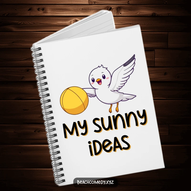 Funny seagull character on a notebook, flying with a beach ball, encouraging creative thoughts.