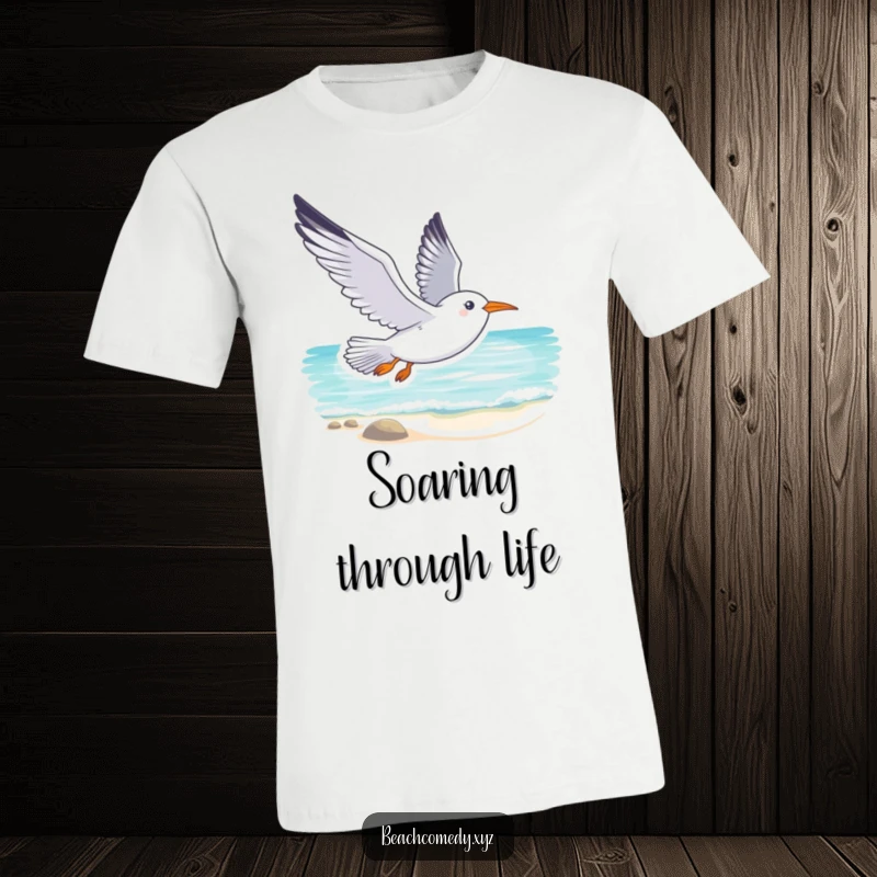 Funny seagull t-shirt featuring a smiling seagull soaring gracefully above a tranquil beach, evoking a sense of freedom and fun.