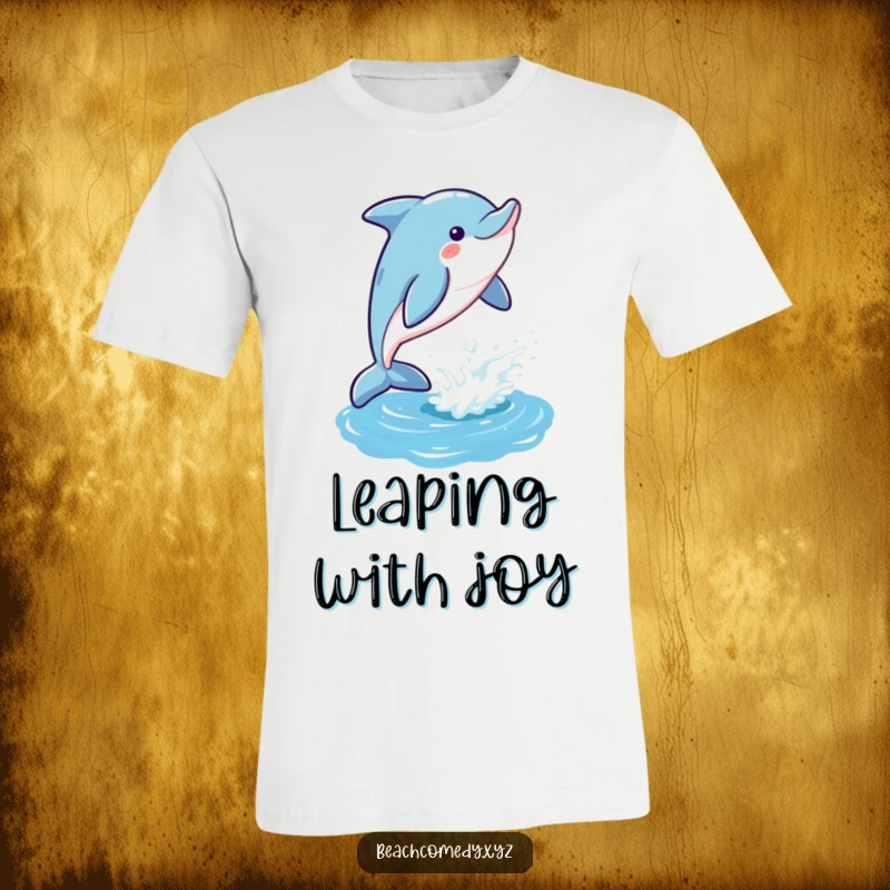 Funny dolphin t-shirt showing a playful dolphin leaping gleefully out of a shimmering ocean, capturing exhilaration and fun.