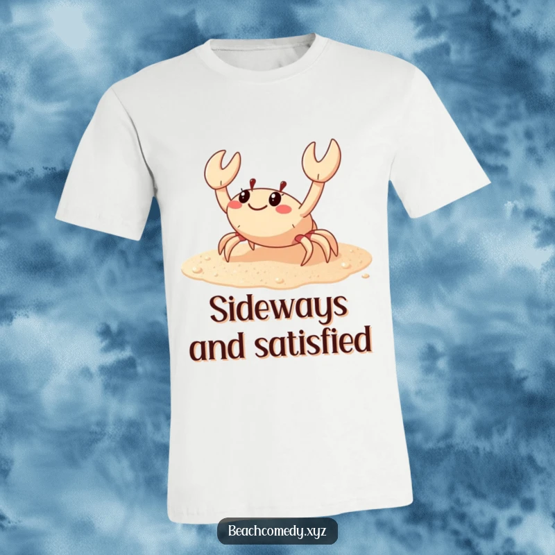Funny crab t-shirt showcasing a happy crab scuttling sideways on glittering sand, embodying beachy fun and humor.