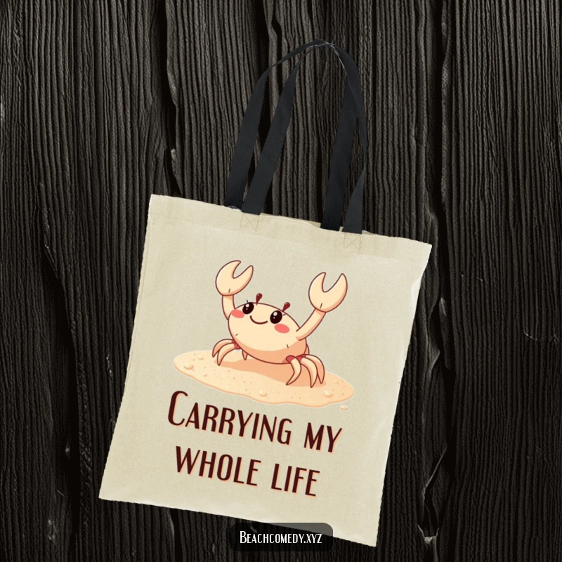 Funny crab tote bag with a cheerful crab scuttling sideways on sparkling sand, a practical and humorous beach accessory.