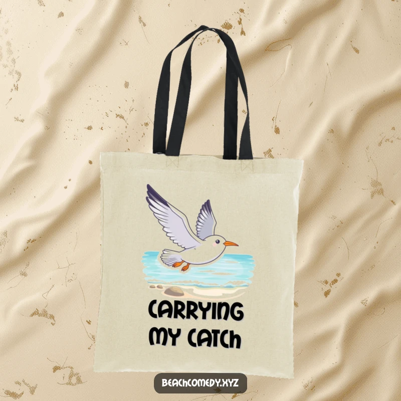 Funny seagull tote bag with a smiling seagull soaring gracefully above a tranquil beach, a practical and humorous beach accessory.