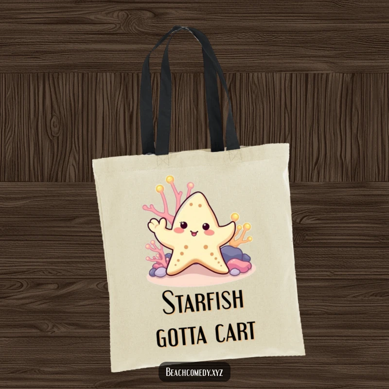 Funny starfish tote bag with a cute starfish waving a tentacle near glowing coral, a practical and humorous ocean accessory.